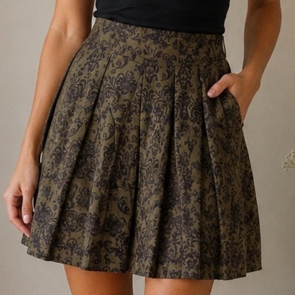 Banana Republic Size 0 Silk Linen Damask Pleated Midi Skirt Dark Academia